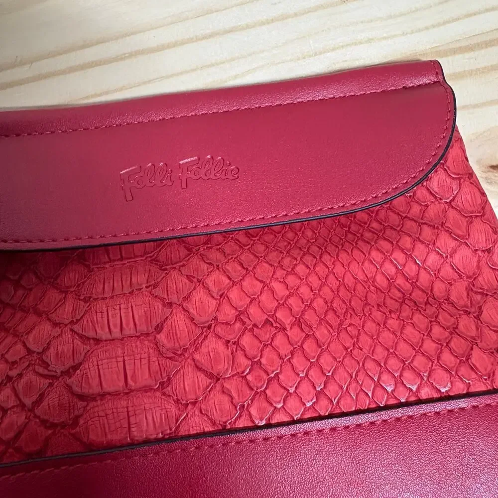 Folli Follie Womens Faux Leather Small Cosmetic Case Pouch Red Zipper Snake Skin